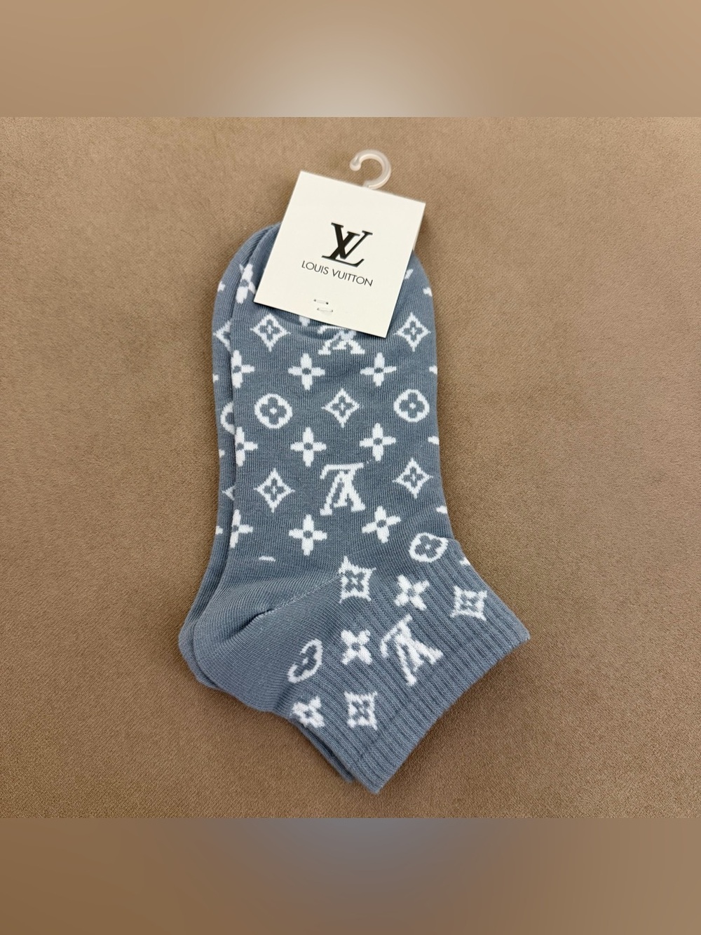 NWT Premium Designer Monogram Ankle Socks Slate Blue / White
